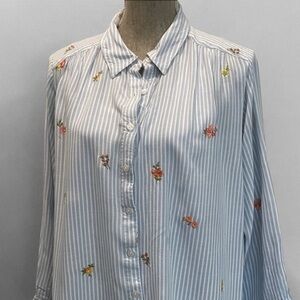 Jane & Delancey Blue Striped Floral Button Down Shirt Long Sleeve XL